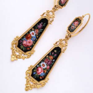 Third Republic Period 18kt Gold Earrings set with Enameled Gold Floral Plaques