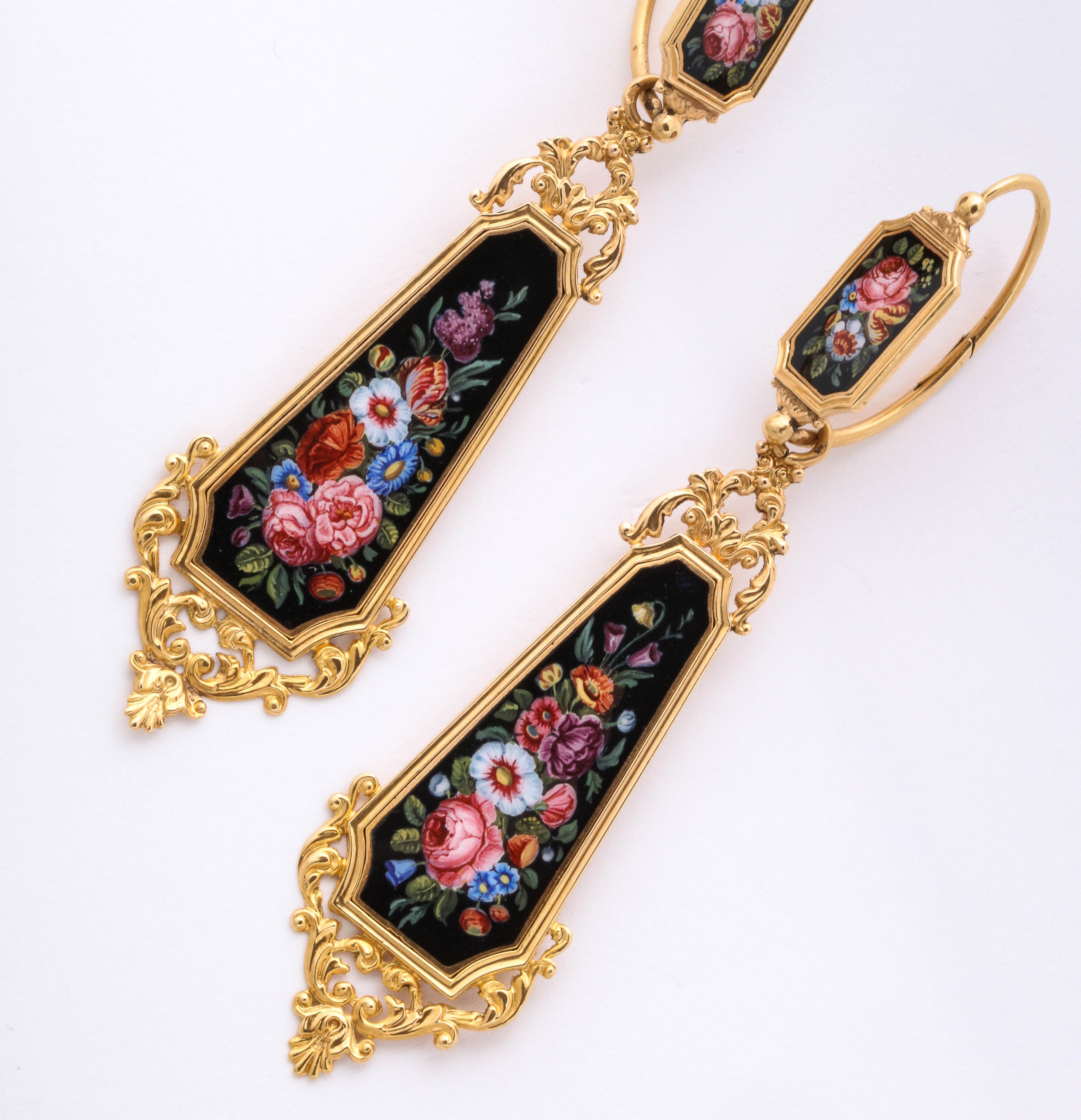 Third Republic Period 18kt Gold Earrings set with Enameled Gold Floral Plaques