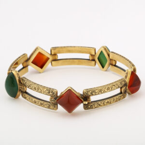 European Engraved 14kt Gold Bracelet set with Nephrite & Carnelian