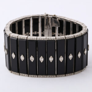 Art Deco Platinum, Onyx & Diamond Bracelet with 18kt Gold Tongues