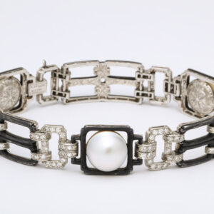 American Oxidized Steel, 18kt White Gold, Diamond & Pearl Bracelet