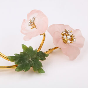 American Carved Rose Quartz & Nephrite with Diamonds 14kt Gold Flower Brooch