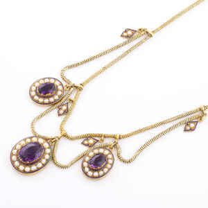Victorian Period 15kt Gold Necklace with 3 Blue Enamel, Amethyst & Pearl Locket Pendants