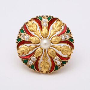 European Polychrome Enameled, Diamond & Button Shaped Pearl 18kt Gold Brooch