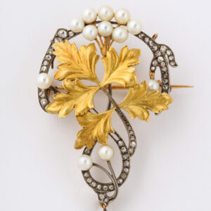 Third Republic Period Art Nouveau Silver & 18kt Gold Brooch set with Pearls & Rose Diamonds