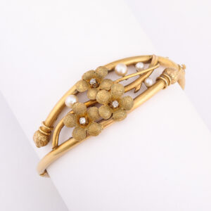 American Floral 14 Karat Gold Bangle set with Diamonds and Pearls