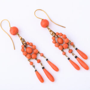 Victorian Period 18kt Gold, Pearl, Onyx & Coral Drop Earrings