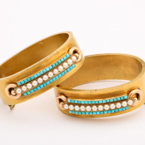 Victorian Period Pearl & Turquoise 15kt Gold Pair of Bangle Bracelets