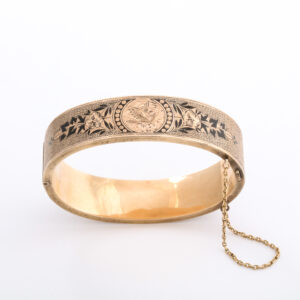 American Black Enameled & Engraved 14kt Gold Bangle Bracelet