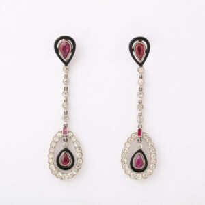 American Platinum, Black Enamel, Diamond & Ruby Drop Earrings