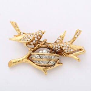 Italian Diamond & Pearl Birds and Nest 18kt Gold Brooch